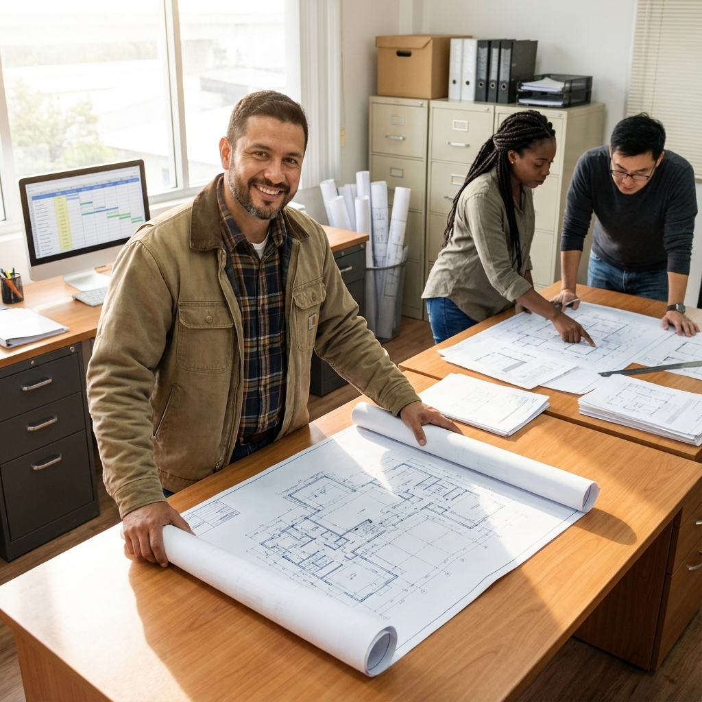 Construction professionals reviewing building plans and blueprints at job site table - professional blueprint printing service