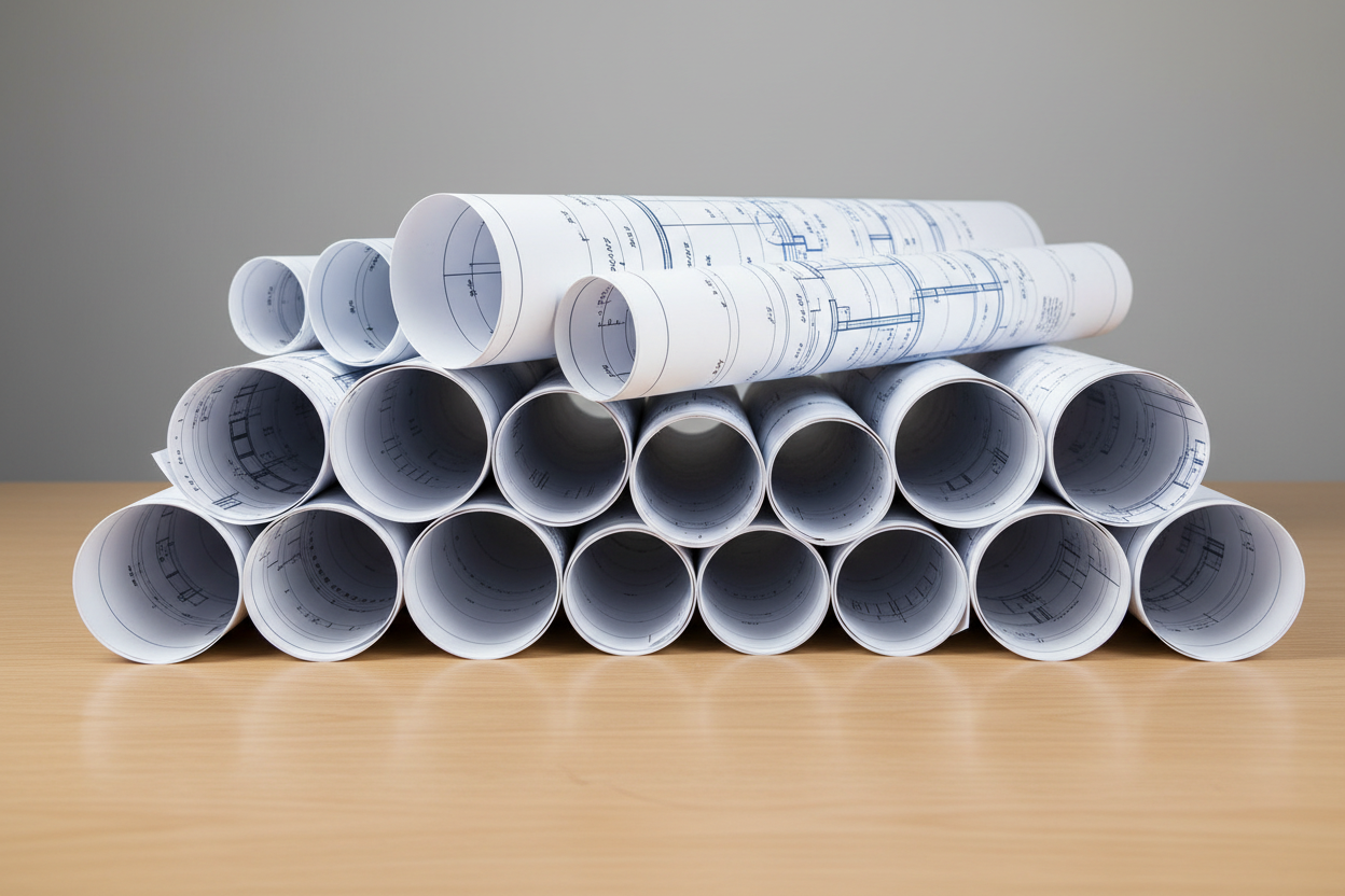 blueprints 24 x 36 rolled up and stacked on a table at least 20 rolls