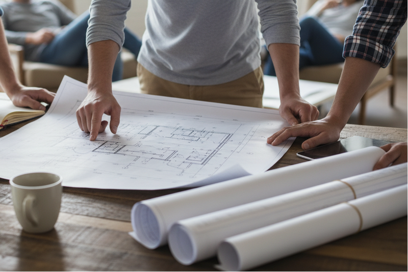 people reviewing blueprint files, with blueprints in hadn and rolled on their desk dressed in casual clothes close up